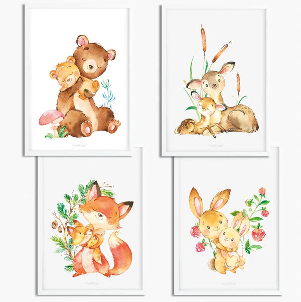 Poster Waldtiere Baby 4er Set Bär Reh Fuchs Hase mit Tierbabys Aquarell - Sunnywall - Individualität trifft Design