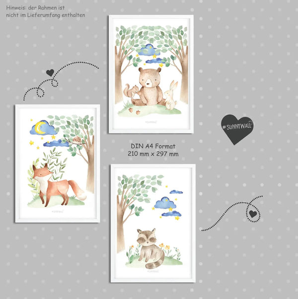Poster Waldtiere Babyzimmer 3er Set Waldnacht Tiere unter Sternenhimmel Kinderzimmer Deko - Sunnywall - Individualität trifft Design