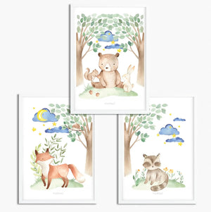 Poster Waldtiere Babyzimmer 3er Set Waldnacht Tiere unter Sternenhimmel Kinderzimmer Deko - Sunnywall - Individualität trifft Design