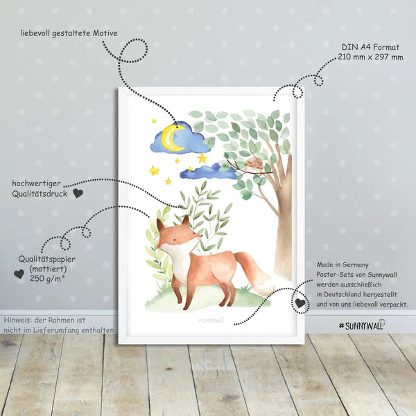 Poster Waldtiere Babyzimmer 3er Set Waldnacht Tiere unter Sternenhimmel Kinderzimmer Deko - Sunnywall - Individualität trifft Design