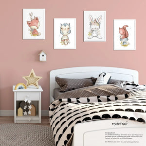Poster Waldtiere Babyzimmer 4er Set Fuchs Hase Eule Eichhörnchen Aquarell - Sunnywall - Individualität trifft Design