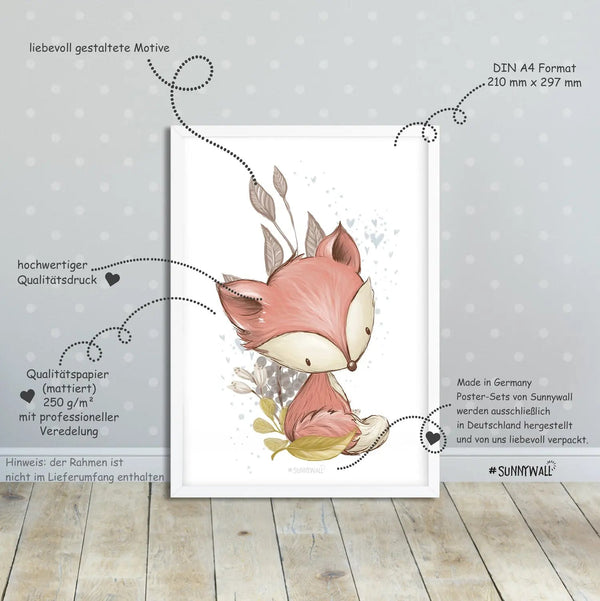 Poster Waldtiere Babyzimmer 4er Set Fuchs Hase Eule Eichhörnchen Aquarell - Sunnywall - Individualität trifft Design