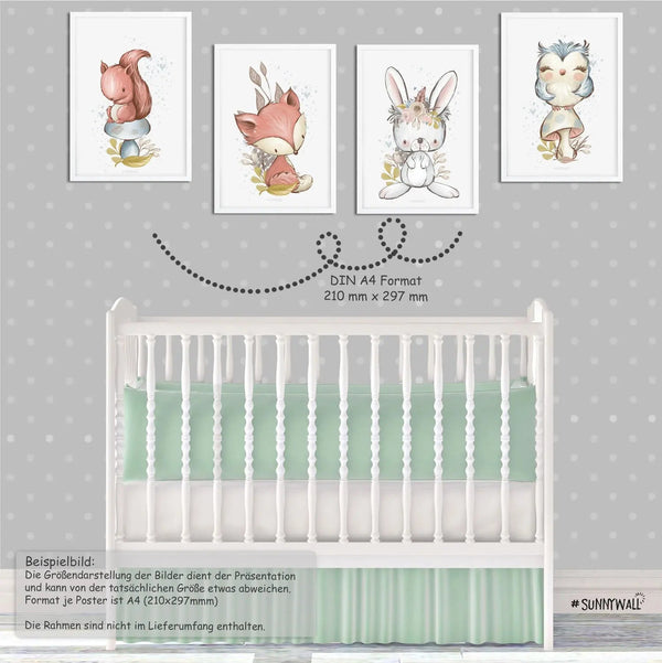 Poster Waldtiere Babyzimmer 4er Set Fuchs Hase Eule Eichhörnchen Aquarell - Sunnywall - Individualität trifft Design
