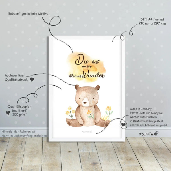 Poster Waldtiere Kinderzimmer 4er Set Du bist unser kleines Wunder Deko Babyzimmer - Sunnywall - Individualität trifft Design