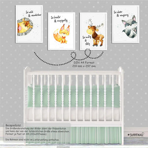 Poster Waldtiere Spruch 4er Set mit Elch Fuchs Igel Waschbär Kinderzimmer Deko - Sunnywall - Individualität trifft Design