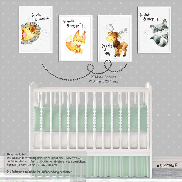 Poster Waldtiere Spruch 4er Set mit Elch Fuchs Igel Waschbär Kinderzimmer Deko - Sunnywall - Individualität trifft Design