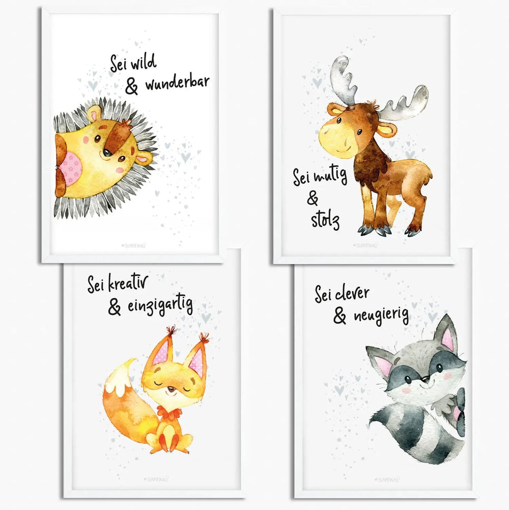 Poster Waldtiere Spruch 4er Set mit Elch Fuchs Igel Waschbär Kinderzimmer Deko - Sunnywall - Individualität trifft Design