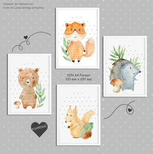 Poster Woodland Waldtiere 4er Set Fuchs Bär Igel Eichhörnchen Kinderzimmer Deko - Sunnywall - Individualität trifft Design