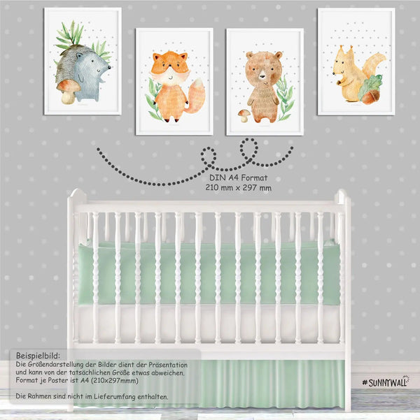 Poster Woodland Waldtiere 4er Set Fuchs Bär Igel Eichhörnchen Kinderzimmer Deko - Sunnywall - Individualität trifft Design