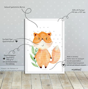 Poster Woodland Waldtiere 4er Set Fuchs Bär Igel Eichhörnchen Kinderzimmer Deko - Sunnywall - Individualität trifft Design