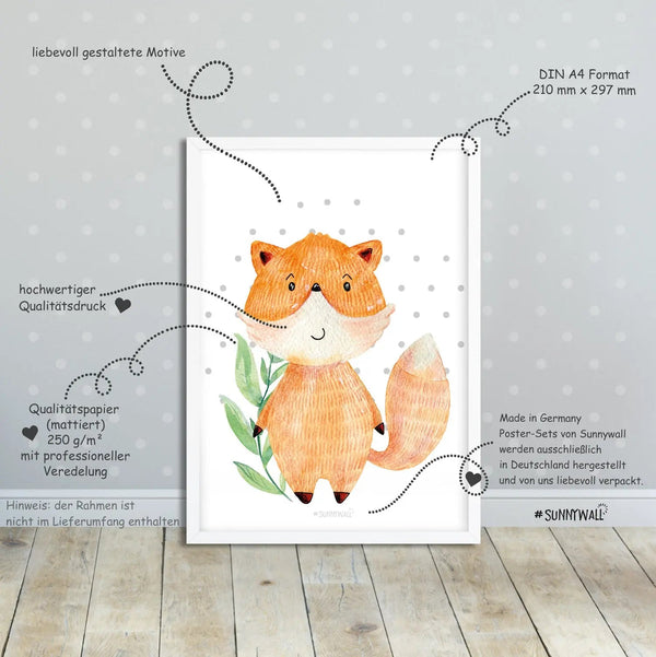 Poster Woodland Waldtiere 4er Set Fuchs Bär Igel Eichhörnchen Kinderzimmer Deko - Sunnywall - Individualität trifft Design