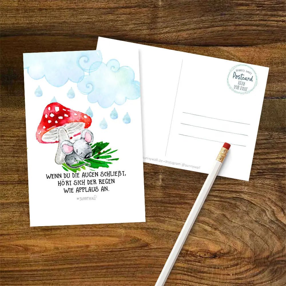 Postkarte Achtsamkeit – Maus im Regen mit Applaus für die Seele - Sunnywall - Individualität trifft Design