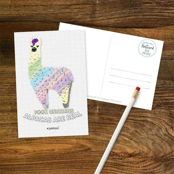 Postkarte Alpaka Einhorn Regenbogen Alpacas are real Spruch - Sunnywall - Individualität trifft Design