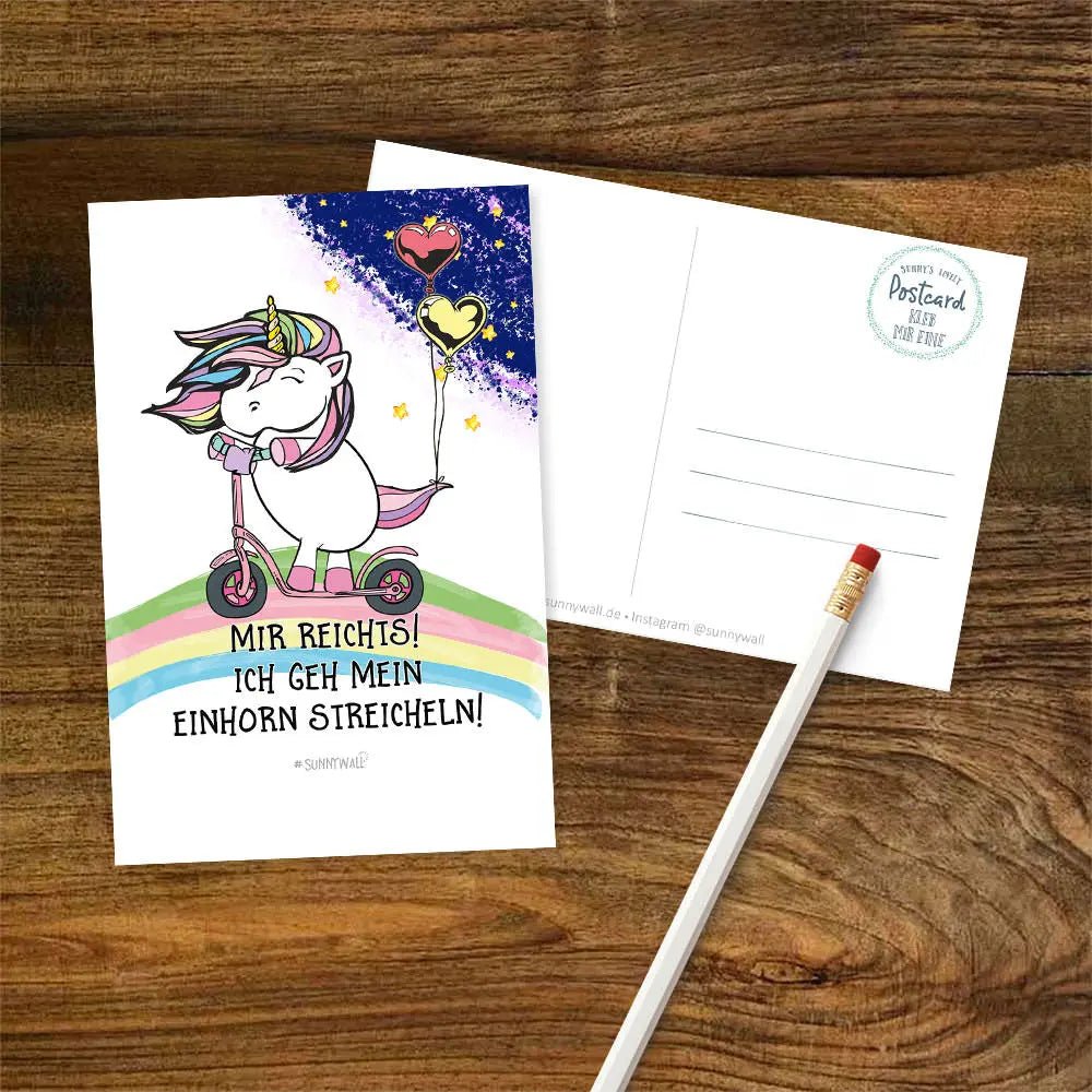Postkarte Einhorn Streicheln reicht jetzt Roller Regenbogen DIN A6 - Sunnywall - Individualität trifft Design