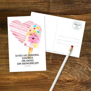Postkarte Eis Zuckersüß Erdbeereis Dahinschmelzen DIN A6 - Sunnywall - Individualität trifft Design