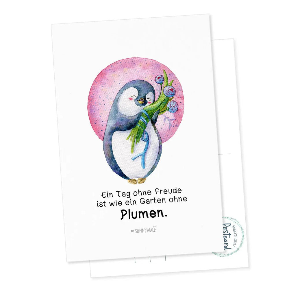 Postkarte Freude schenken – Pinguin mit Blumen und Herzensspruch - Sunnywall - Individualität trifft Design