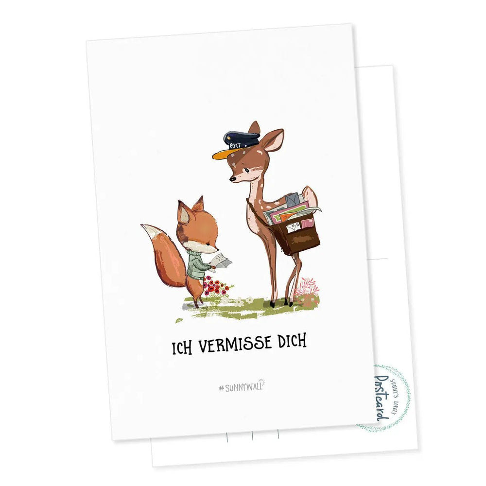 Postkarte Ich vermisse dich – Fuchs & Rehkitz mit Briefbotschaft - Sunnywall - Individualität trifft Design