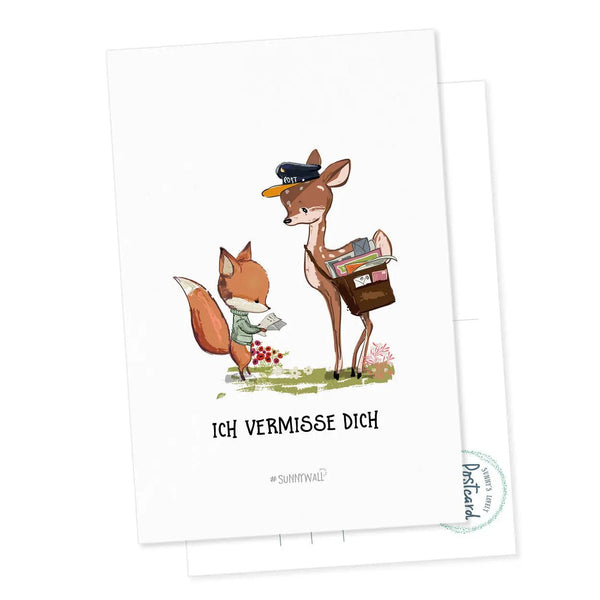 Postkarte Ich vermisse dich – Fuchs & Rehkitz mit Briefbotschaft - Sunnywall - Individualität trifft Design