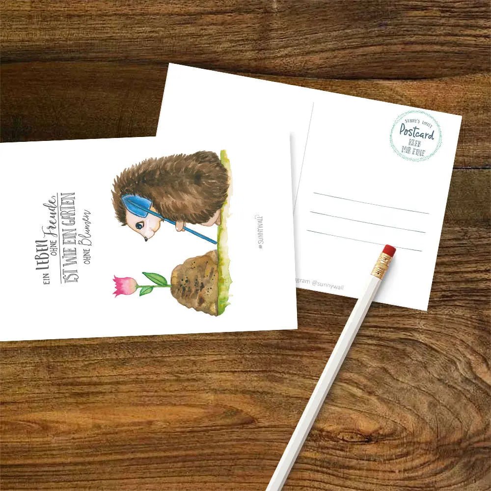 Postkarte Igel Freude – Ein Leben ohne Blumen ist kein Garten - Sunnywall - Individualität trifft Design