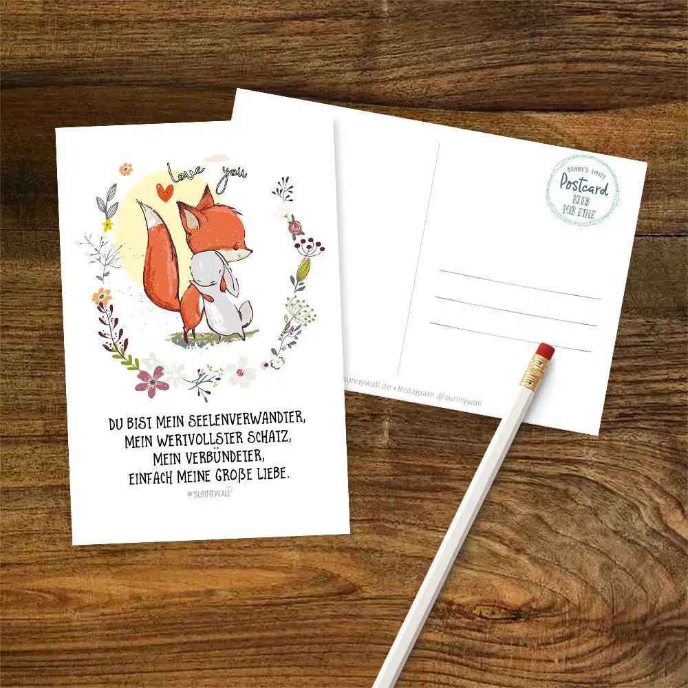 Postkarte Liebe Fuchs Hase Seelenverwandter Schatz DIN A6 - Sunnywall - Individualität trifft Design