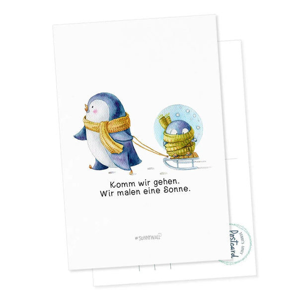 Postkarte Pinguin Winter – Komm wir malen eine Sonne - Sunnywall - Individualität trifft Design
