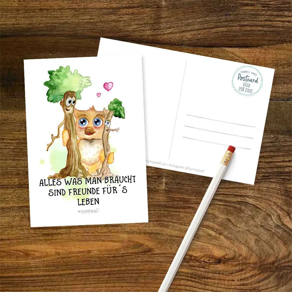 Postkarte Spruch Freundschaft Eule Freunde fürs Leben DIN A6 - Sunnywall - Individualität trifft Design