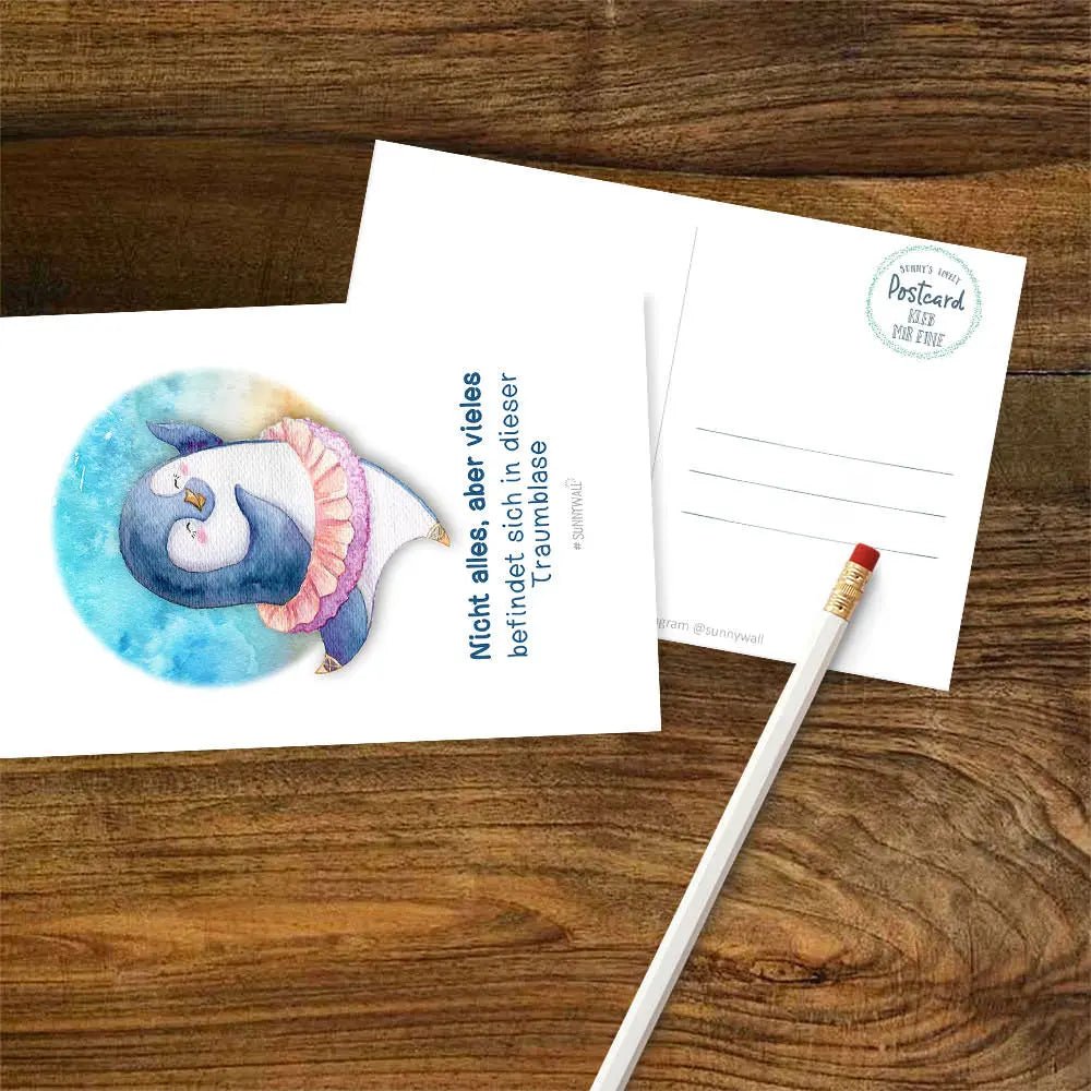 Postkarte Traum – Pinguin in der rosa Traumblase - Sunnywall - Individualität trifft Design