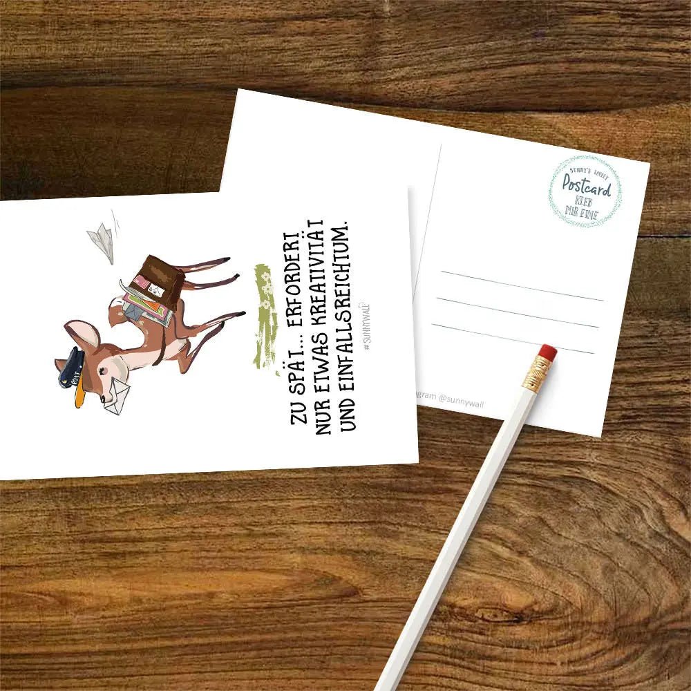 Postkarte Zu spät – Mit Reh und witzigem Spruch zum Schmunzeln - Sunnywall - Individualität trifft Design