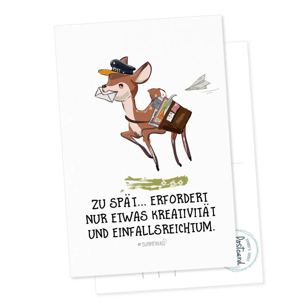 Postkarte Zu spät – Mit Reh und witzigem Spruch zum Schmunzeln - Sunnywall - Individualität trifft Design
