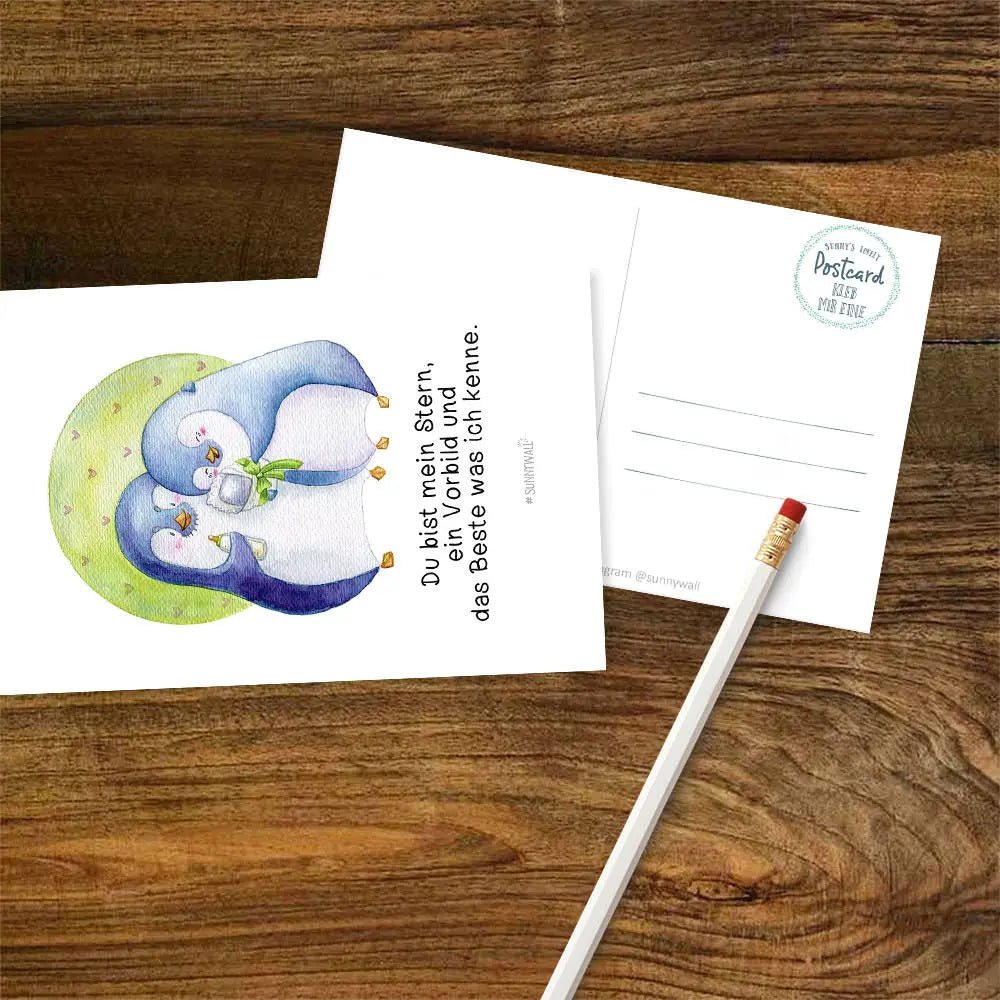 Postkarte zur Geburt – Du bist mein Stern mit Pinguin-Familie - Sunnywall - Individualität trifft Design