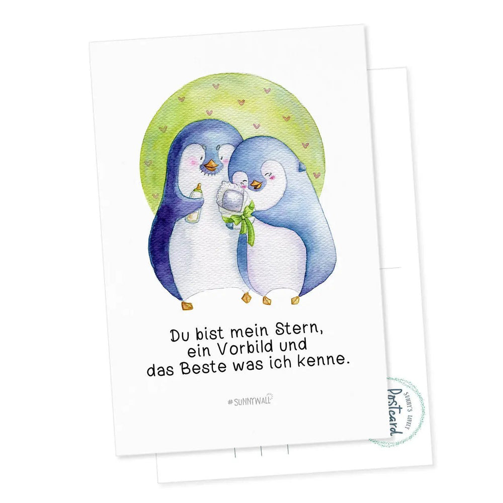 Postkarte zur Geburt – Du bist mein Stern mit Pinguin-Familie - Sunnywall - Individualität trifft Design