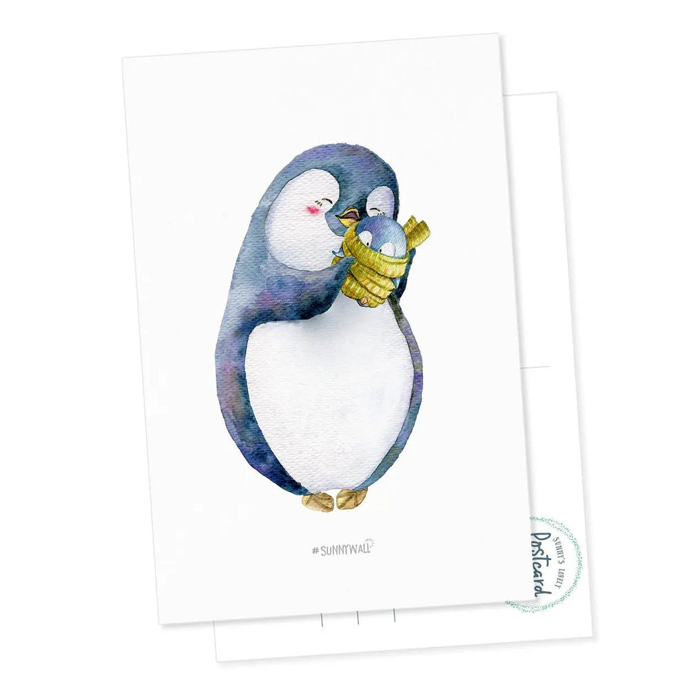 Postkarte zur Geburt – Pinguin mit Baby im Arm - Sunnywall - Individualität trifft Design