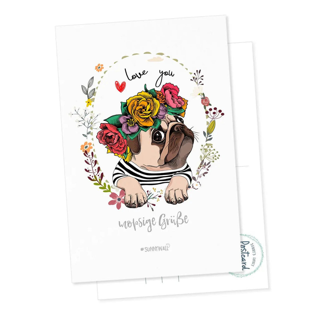 Süße Postkarte Mops – Blumengrüße mit Mops und Love you Schriftzug - Sunnywall - Individualität trifft Design