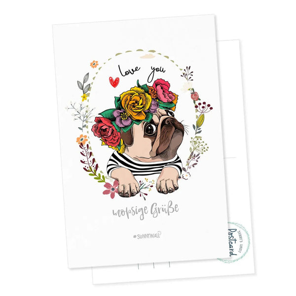 Süße Postkarte Mops – Blumengrüße mit Mops und Love you Schriftzug - Sunnywall - Individualität trifft Design