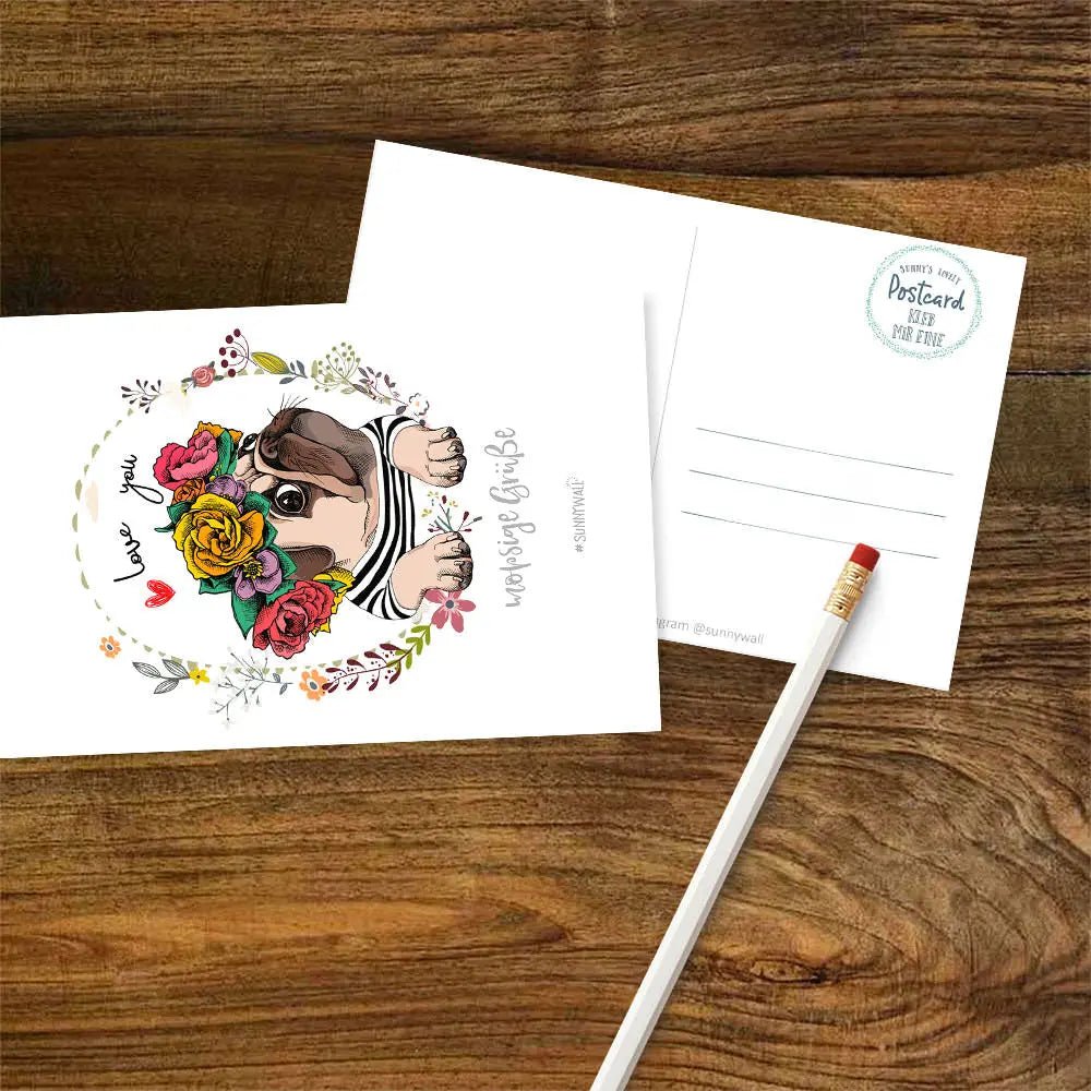Süße Postkarte Mops – Blumengrüße mit Mops und Love you Schriftzug - Sunnywall - Individualität trifft Design
