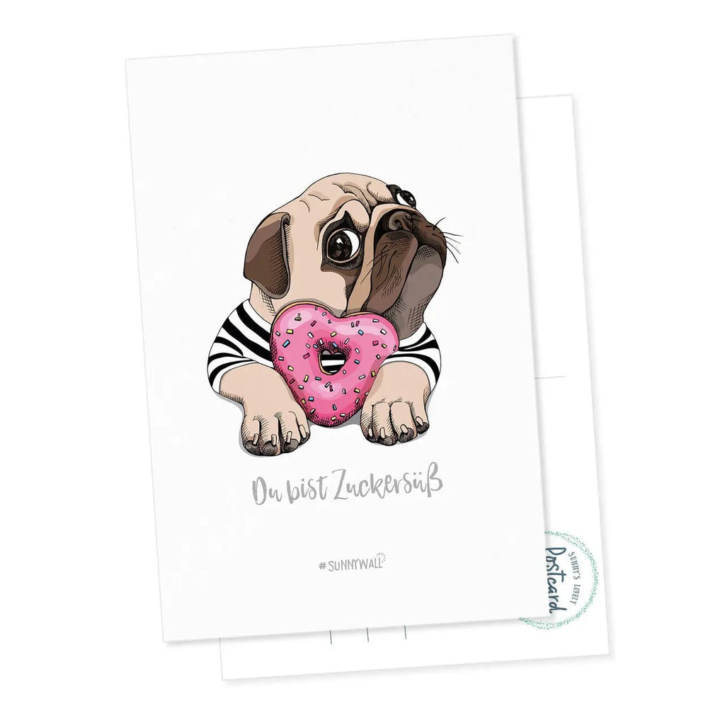 Süße Postkarte Mops – Donut-Liebe mit Hundeblick zum Dahinschmelzen - Sunnywall - Individualität trifft Design