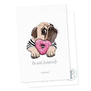 Süße Postkarte Mops – Donut-Liebe mit Hundeblick zum Dahinschmelzen - Sunnywall - Individualität trifft Design