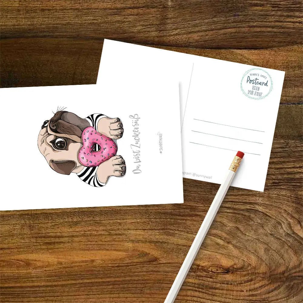 Süße Postkarte Mops – Donut-Liebe mit Hundeblick zum Dahinschmelzen - Sunnywall - Individualität trifft Design