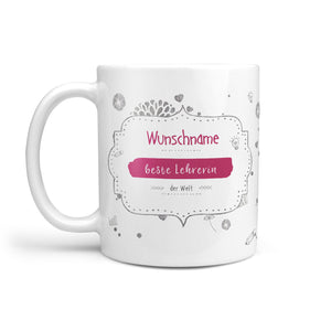 Tasse beste Lehrerin – personalisiert mit Name und rosa Henkel - Sunnywall - Individualität trifft Design