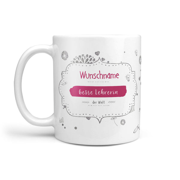 Tasse beste Lehrerin – personalisiert mit Name und rosa Henkel - Sunnywall - Individualität trifft Design