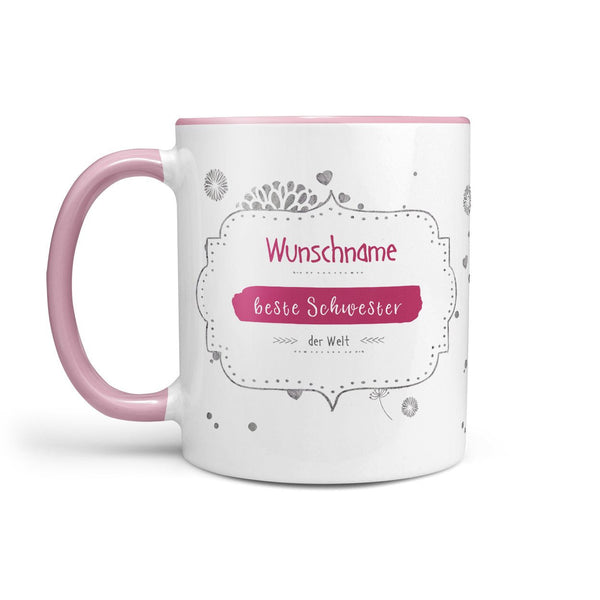 Tasse beste Schwester – personalisiert mit Name und rosa Henkel - Sunnywall - Individualität trifft Design