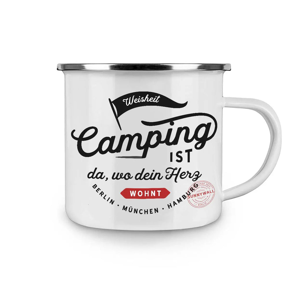 Tasse Camping Spruch – Emaille-Tasse „Camping ist da, wo dein Herz wohnt“ - Sunnywall - Individualität trifft Design