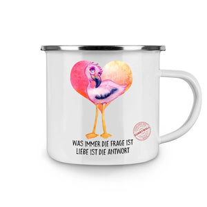Tasse Flamingo Liebe Camping – Emaille-Tasse mit Spruch Liebe ist die Antwort - Sunnywall - Individualität trifft Design