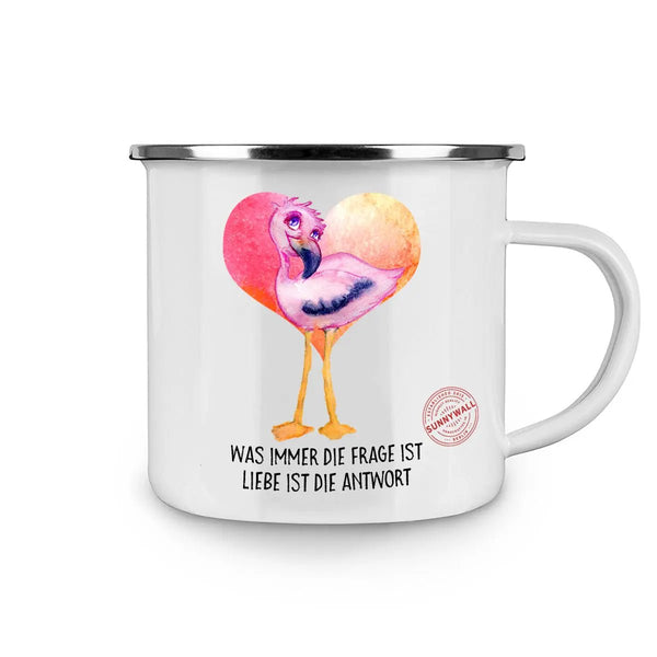 Tasse Flamingo Liebe Camping – Emaille-Tasse mit Spruch Liebe ist die Antwort - Sunnywall - Individualität trifft Design