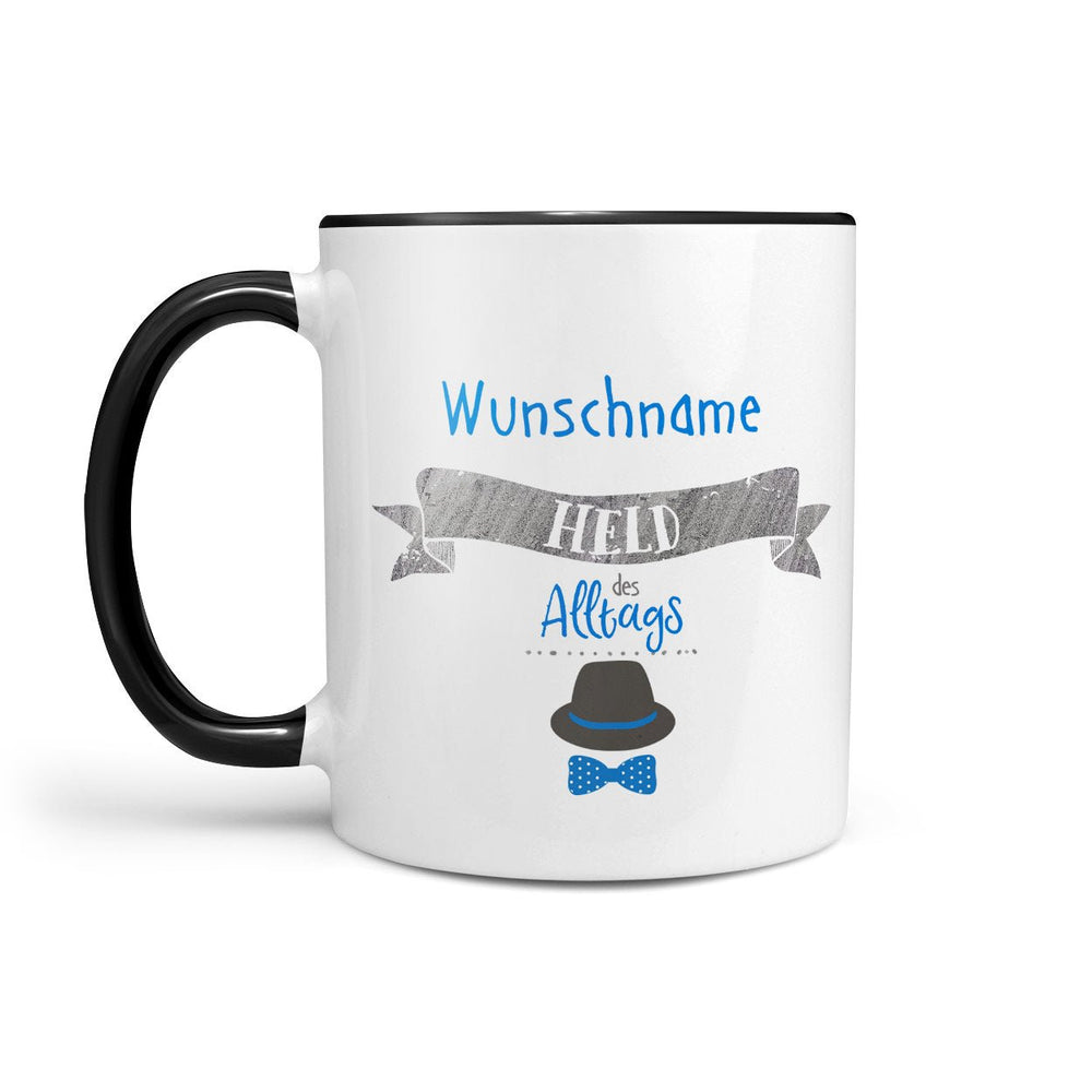 Tasse Held des Alltags – personalisiert mit Name und schwarzem Henkel - Sunnywall - Individualität trifft Design