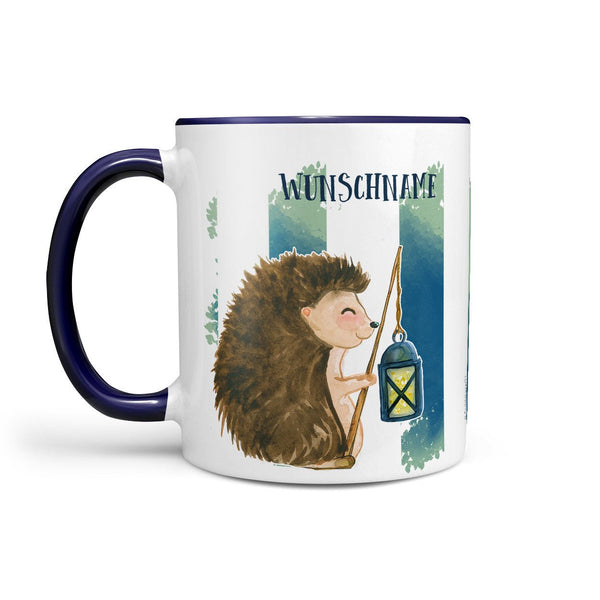 Tasse Igel mit Laterne – personalisiert mit Wunschname und blauem Henkel - Sunnywall - Individualität trifft Design