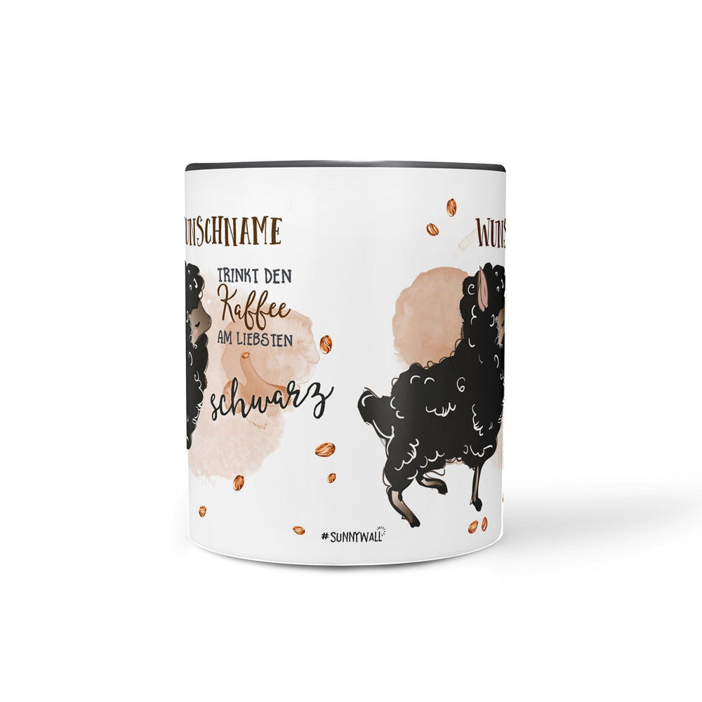 Tasse Kaffee schwarz – Schaf mit Wunschname und schwarzem Henkel - Sunnywall - Individualität trifft Design