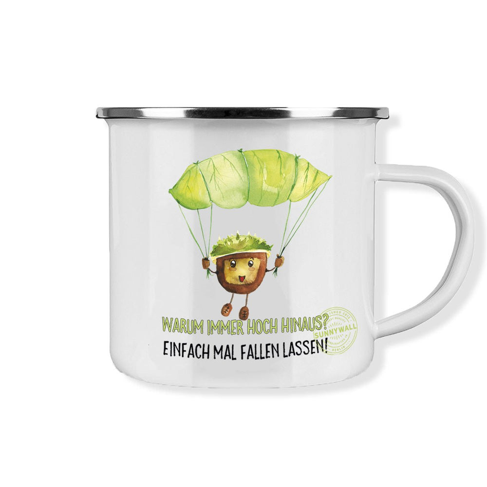 Tasse Kastanie Outdoor – Emaille-Tasse mit Fallschirm-Motiv und humorvollem Spruch - Sunnywall - Individualität trifft Design