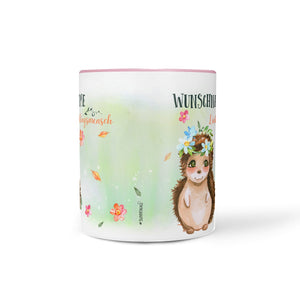 Tasse Lieblingsmensch – Igelin mit Blumenkranz und rosa Henkel - Sunnywall - Individualität trifft Design