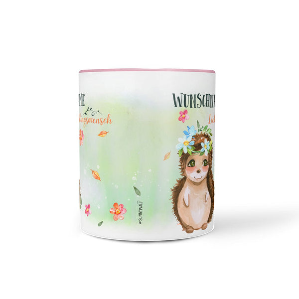 Tasse Lieblingsmensch – Igelin mit Blumenkranz und rosa Henkel - Sunnywall - Individualität trifft Design